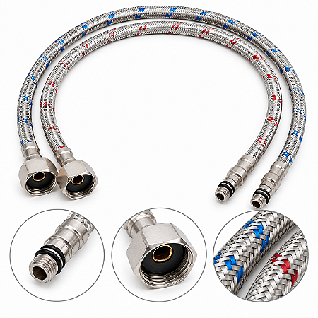 Par de Mangueira Engate Flexível 80cm Trama de inox Torneira Monocomando Fêmea 1/2 Macho 1/8