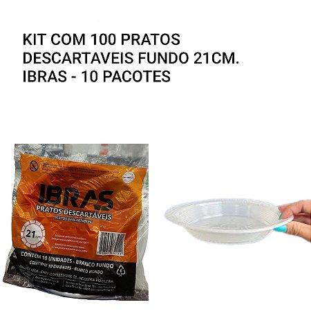 KIT COM 100 PRATOS DESCARTAVEIS FUNDO 21CM IBRAS - 10 PACOTES