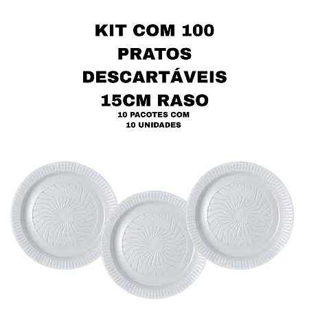 KIT COM 100 PRATOS DESCARTAVEIS RASOS 15CM IBRAS - 10 PACOTES