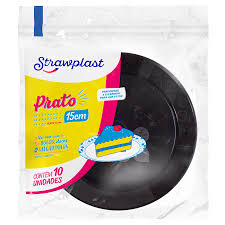 PRATO REDONDO DE ACRILICO PRETO 15CM STRAWPLAST C/10