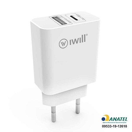 Adaptador de Parede com 1 USB e 1 USB-C PD 30W - iWill