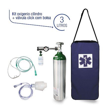 Kit Oxigênio Portátil 3 Litros Com Válvula Click (0-15) - Bolsa Azul-(imagem ilustrativa cilindro pode ser na cor verde)