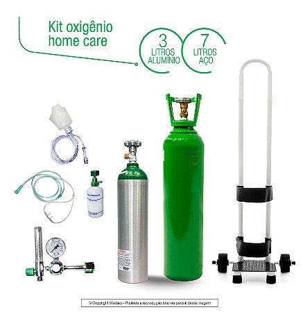 Kit Oxigênio 7 Litros Em Aço Com Carrinho (Sem Carga) + Cilindro De 3 Litros Em Alumínio