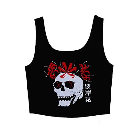 Camiseta top cropped feminino branco e preto crânio flor Hinganbana