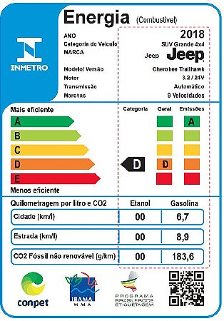 5542 - ETIQUETA INMETRO DE EFICIENCIA ENERGETICA JOURNEY R/T 2018