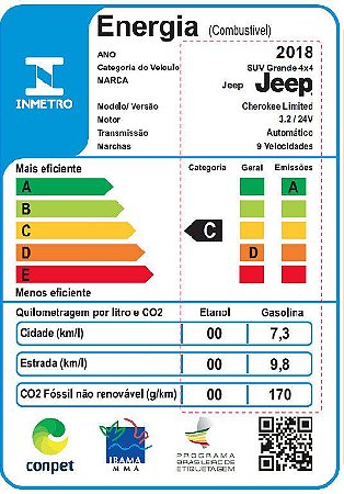 5540 - ETIQUETA INMETRO DE EFICIENCIA ENERGETICA WRANGLER UNLIMITED 2018