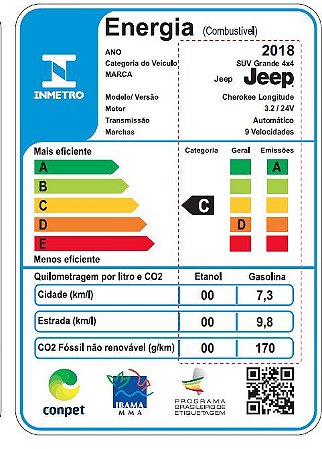 5537 - ETIQUETA INMETRO DE EFICIENCIA ENERGETICA CHEROKEE LONGITUDE 2018