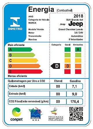 5535 - ETIQUETA INMETRO DE EFICIENCIA ENERGETICA GRAND CHEROKEE GAS LAREDO 2018