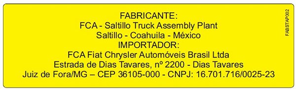 FABSTAP002 - Etiqueta Fabricante FCA - Saltillo Truck Assembly Plant