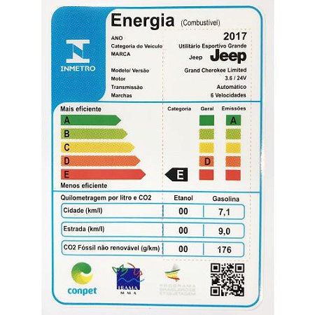 5534- ETIQUETA INMETRO DE EFICIENCIA ENERGETICA GRAND CHEROKEE GAS LIMITED 2018
