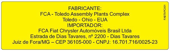 FABTAPC001 - Etiqueta Fabricante FCA - Toledo Assembly Plants Complex