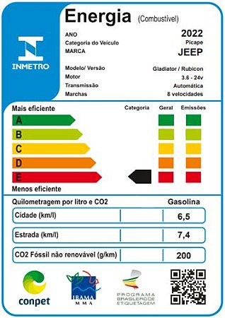 00385-2022 - Etiqueta (2030) Segurança INMETRO - Jeep Wrangler Gladiator - 2022