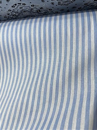 Tecido Tricoline Listrado de Azul Claro e Branco Listras de 4 mm 100% Algodão 1,50m Largura
