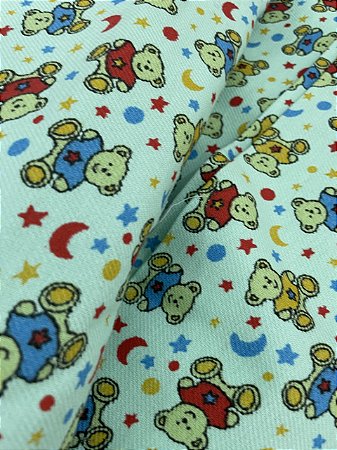 Tecido Flanela São Joanense Infantil Estampada de Ursinhos Sobre Fundo Verde 100% Algodão