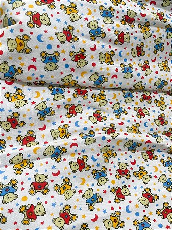 Tecido Flanela São Joanense Infantil Estampada de Ursinhos Sobre Fundo Branco 100% Algodão