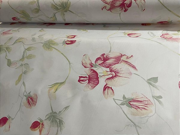 Tecido Percal 200 Fios Floral Suave em Tons de Vermelho, Bege e Verde Claro  100% Algodão 2,50 m de Largura