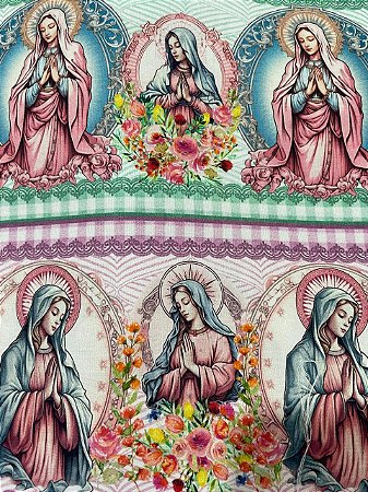 Tecido Tricoline Digital com 10 Faixas de Imagens de Nossa Senhora Coloridas e em Sombreado 100% Algodão