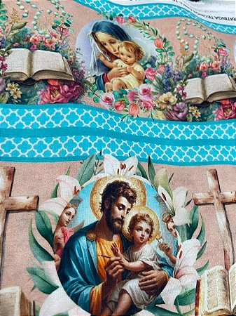 Tecido Tricoline Digital com 10 Faixas de Estampas de Coração de Jesus e Maria 100% Algodão