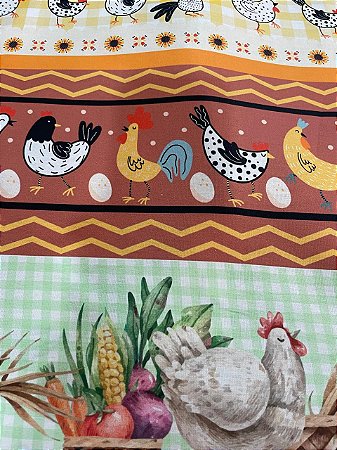 Tecido Tricoline Estampa de Galinhas, Ovos e Galinheiro 100% Algodão