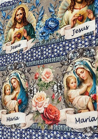 Tecido Tricoline Digital com 10 Faixas de Nossa Senhora da Conceição, das Graças e de Fátima 100% Algodão