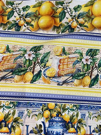 Tecido Tricoline Estampa Digital com 10 Faixas de Limão Siciliano e Bolo de Limão 100% Algodão