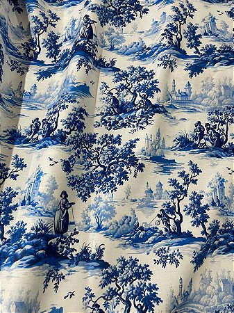 Tecido Tricoline Estampa Digital Toile de Jour em Azul 100% Algodão