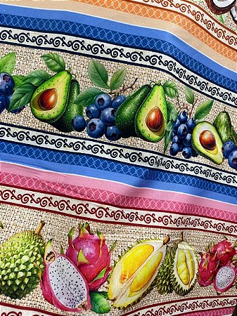 Tecido Tricoline Digital com 10 Faixas de Estampas de Ameixas, Peras, Pêssegos, Uvas e Côcos 100% Algodão
