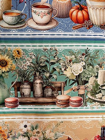 Tecido Tricoline Dig. 10 Faixas de Vinhos, Pães, Flores e Frutas  100% Algodão