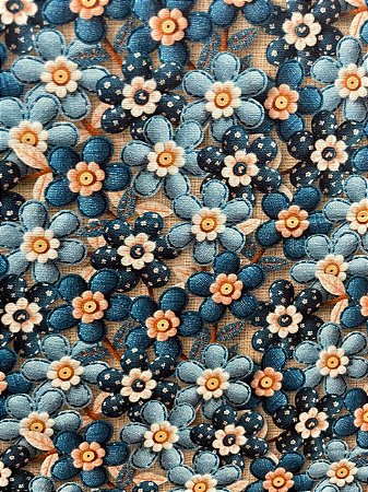 Tecido Tricoline Estampa 3D de Flores em Tons de Azul Jeans 100% Algodão