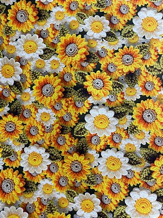 Tecido Tricoline Estampa 3D de Margaridas Amarelas e Brancas em Crochê 100% Alg.