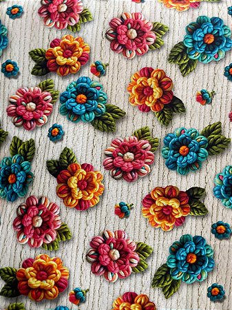 Tecido Tricoline Estampa 3D de Flores Coloridas Bordadas 100% Algodão