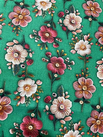 Tecido Tricoline Estampa 3D de Flores Bordadas sobre Fundo Verde  100% Algodão