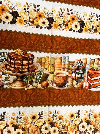 Tricoline Digital com 10 Faixas de Estampas de Tortas e Bolos de Chocolate 100% Alg.