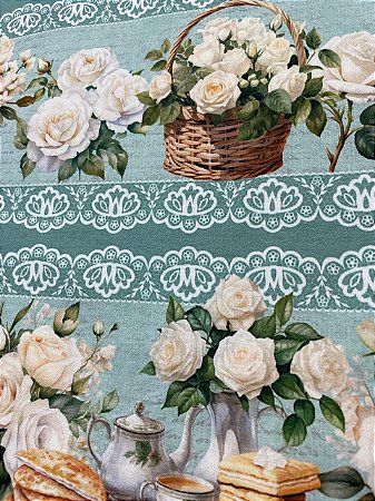 Tecido Tricoline Estampa Digital com 10 Faixas de Rosas Brancas e Rosas Chá 100% Algodão