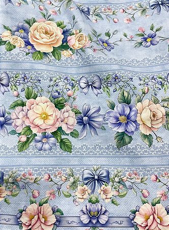 Tecido Tricoline Digital com 10 Faixas Estampadas com Laços e Flores sobre Azul Claro 100% Algodão
