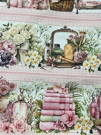 Tecido Tricoline Digital com 10 Faixas Estampadas com Flores, Porcelanas e Toalhas 100% Algodão