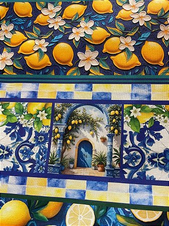 Tecido Tricoline Digital com 10 Faixas Estampa de Limão Siciliano, Azulejos e Flores 100% Algodão