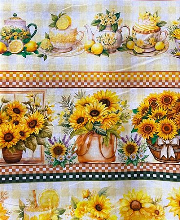 Tecido Tricoline Digital com 10 Faixas de Girassóis, Porcelanas e Frutas 100% Algodão