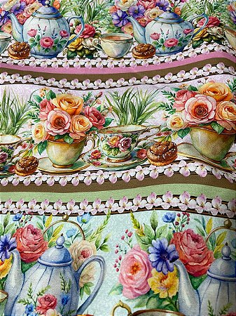 Tecido Tricoline 10 Faixas de Porcelana Pintada, Flores e Quitutes 100% Algodão
