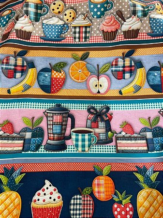 Tecido Tricoline Estampa 3D de Lanche com Liquidificador, Cupcakes e Frutas 100% Algodão
