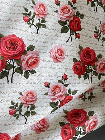 Tricoline Estampa de Buquês de Rosa sobre Caligrafia 100% Algodão