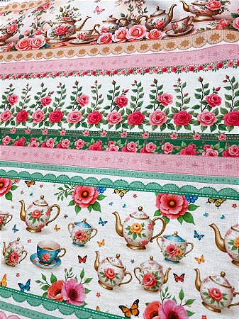 Tecido Tricoline com 10 Faixas de Estampa de Rosas e Passarinhos 100% Algodão