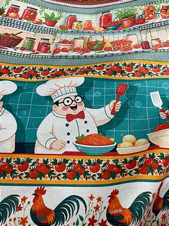 Tecido Tricoline com 10 Faixas de Estampa de Chef de Cozinha, Tomates, Pizza 100% Algodão