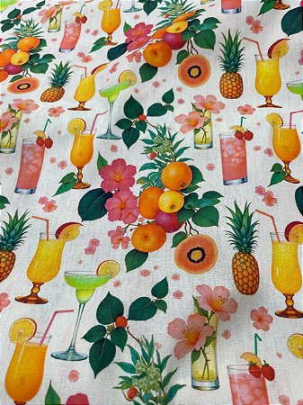 Tecido Tricoline Estampa de Drinks e Frutas 100% Algodão