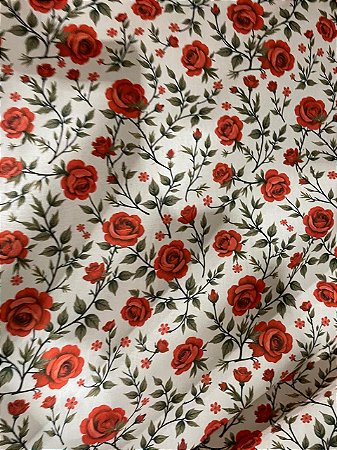 Tricoline Estampa de Rosas Vermelho Carmin sobre Fundo Rosado Claro 100% Algodão