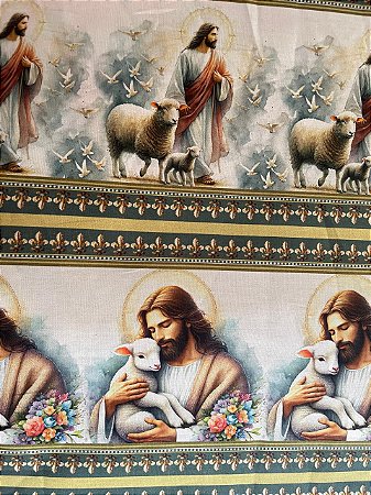Tecido Tricoline Digital com 10 Faixas do Bom Pastor e suas Ovelhas 100% Algodão