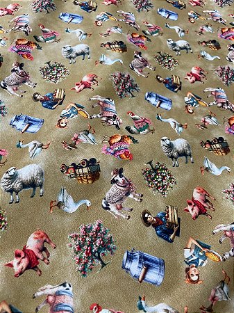 Tecido Tricoline Estampa Vintage de Árvores, Animais e Utensílios da Fazenda  100% Algodão