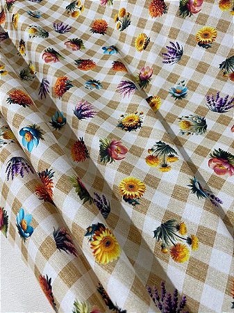 Tecido Tricoline Estampa Xadrez de Bege e Branco Salpicado de Flores 100% Algodão