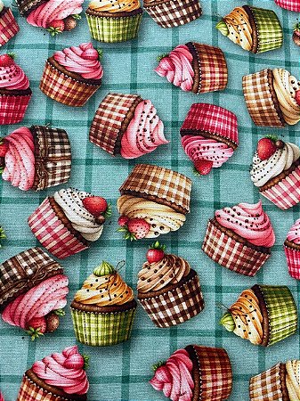Tecido Tricoline Estampa de Cupcakes sobre Fundo Verde Quadriculado  100% Algodão