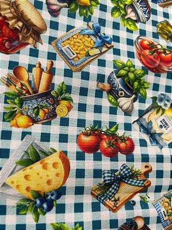Tecido Tricoline Estampa de Spaghetti, Tomates e Manjericão sobre Fundo Xadrez de Azul 100% Algodão